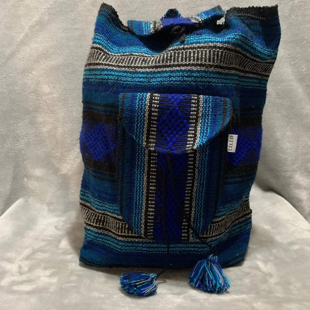 Lillo Woven Drug Rug Backpack Blue Black Striped Boho Drawstring Rucksack‎